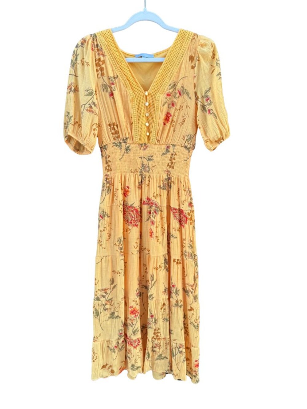 Boho Cottagecore Floral Midi Dress Smocked Waist Puff Sleeve Mustard M